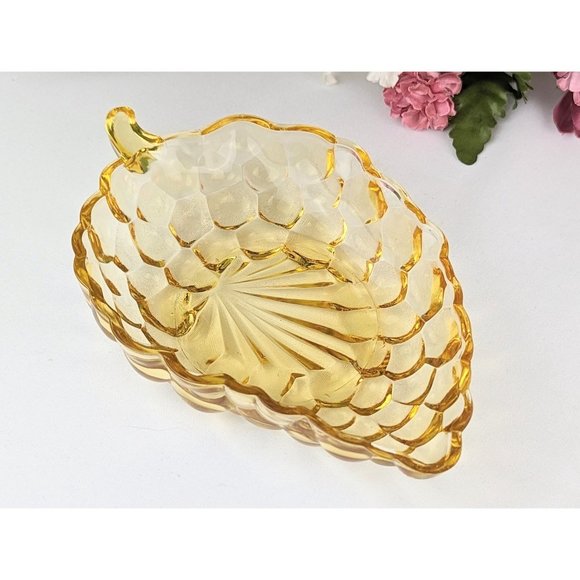 Amber Bubble Glass Trinket Dish Leaf Shape Marigold Fall Decor Candy Mint Tray - Picture 2 of 8